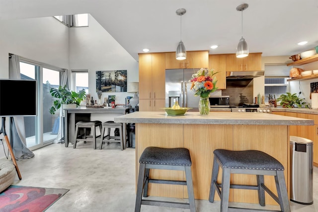 kitchen with under cabinet range hood, a kitchen island, stainless steel appliances, and light countertops