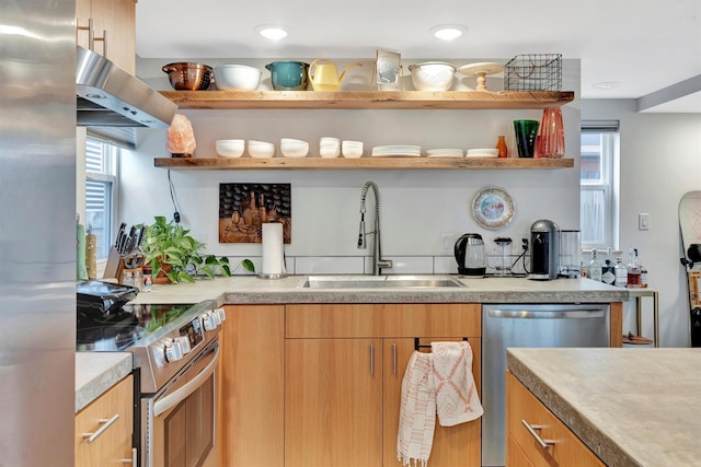 kitchen featuring a sink, a healthy amount of sunlight, exhaust hood, stainless steel appliances, and open shelves