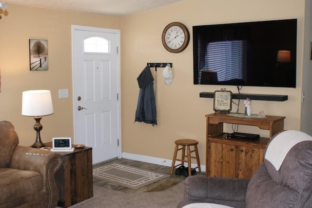 living area with baseboards and carpet floors