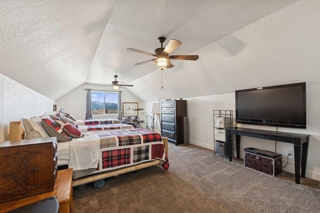 carpeted bedroom with ceiling fan, vaulted ceiling, baseboards, and a textured ceiling