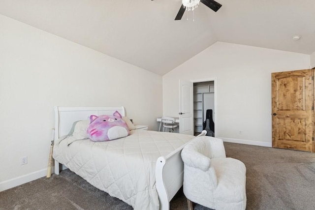 carpeted bedroom featuring lofted ceiling, baseboards, and ceiling fan