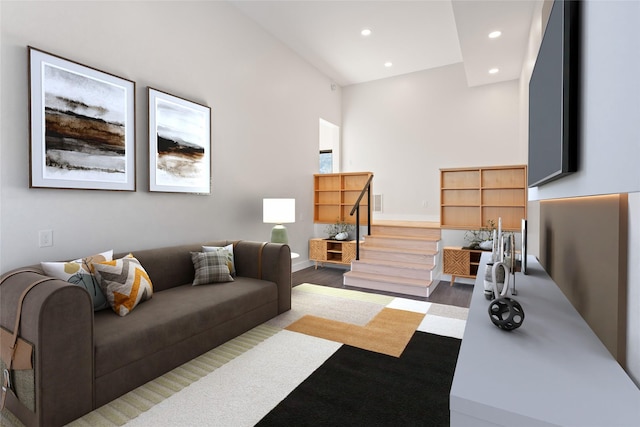 living room featuring stairway, recessed lighting, wood finished floors, and baseboards