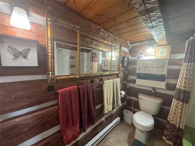 bathroom featuring toilet, a shower with curtain, and wooden ceiling
