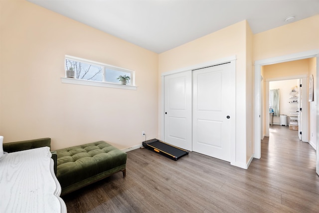 interior space with wood finished floors, baseboards, and a closet