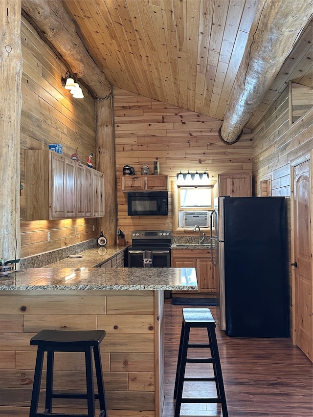 kitchen with wooden walls, a peninsula, lofted ceiling, stainless steel appliances, and wood ceiling