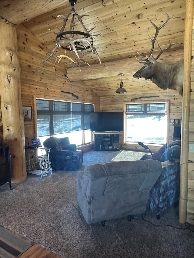 carpeted living room featuring wood walls, wooden ceiling, and a healthy amount of sunlight