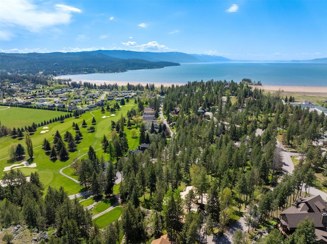 bird's eye view with a water and mountain view