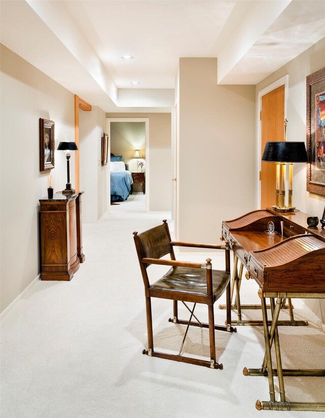 sitting room with recessed lighting, baseboards, and carpet flooring