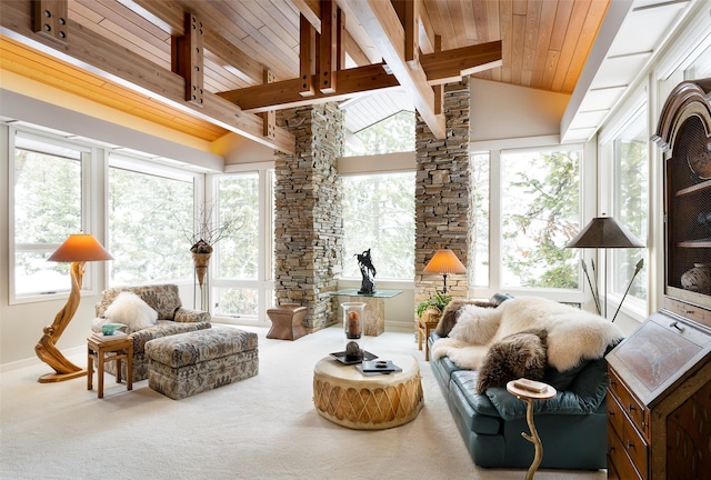 sunroom with wooden ceiling and lofted ceiling with beams