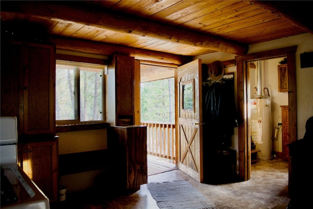 corridor featuring gas water heater, beamed ceiling, and wood ceiling