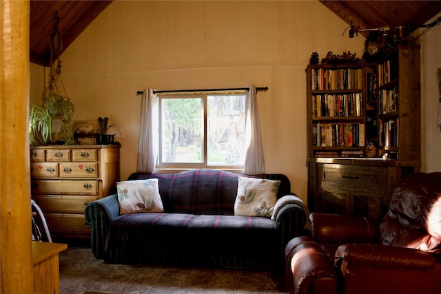 living area featuring wooden ceiling and vaulted ceiling