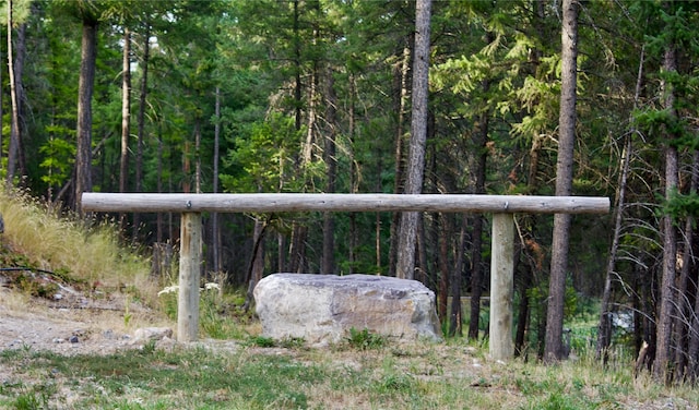 exterior details featuring a forest view