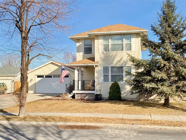 view of front of property featuring an outdoor structure, a garage, driveway, and a shingled roof