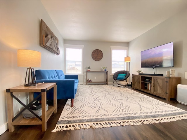 living room with baseboards and wood finished floors