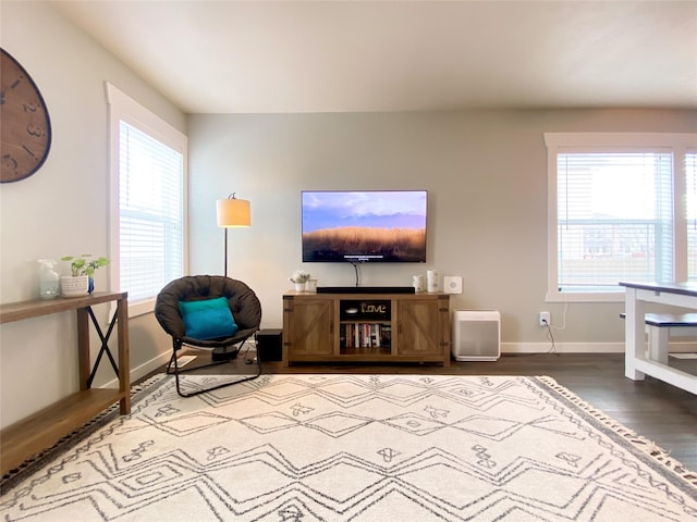 living area with baseboards and wood finished floors