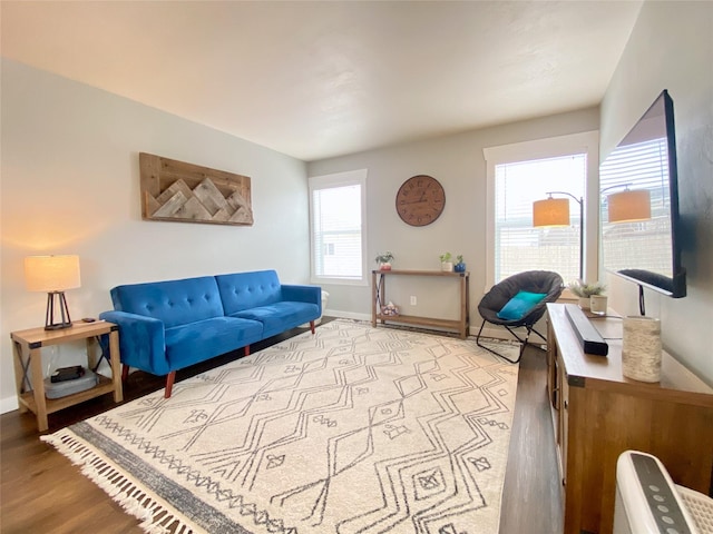 living area featuring baseboards and wood finished floors