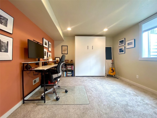 carpeted office featuring visible vents, recessed lighting, and baseboards