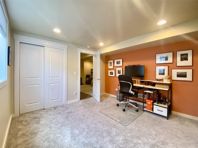 office featuring recessed lighting, carpet, and baseboards