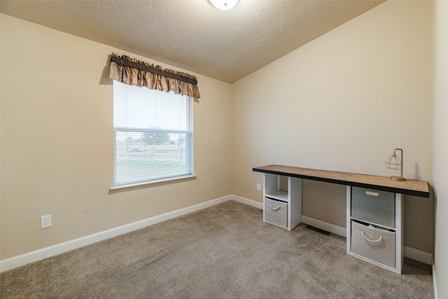 unfurnished office with light colored carpet, baseboards, and a textured ceiling