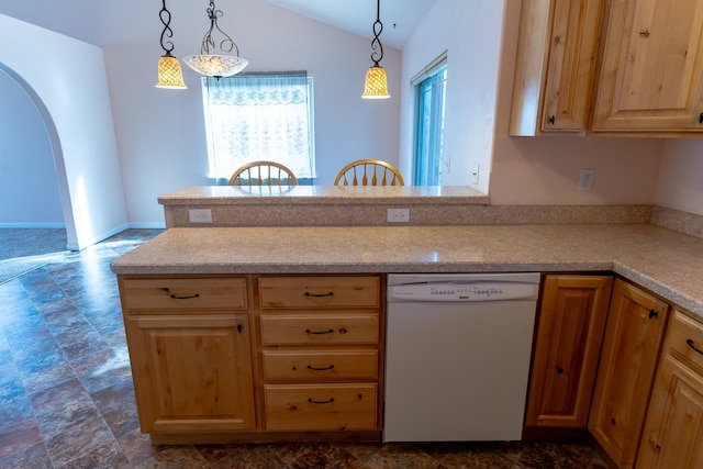 kitchen featuring dishwasher, a peninsula, arched walkways, and a wealth of natural light