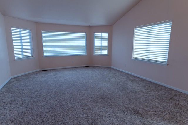 carpeted spare room with a wealth of natural light, baseboards, and vaulted ceiling