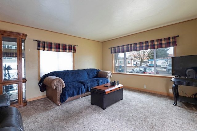 carpeted living area featuring plenty of natural light and baseboards