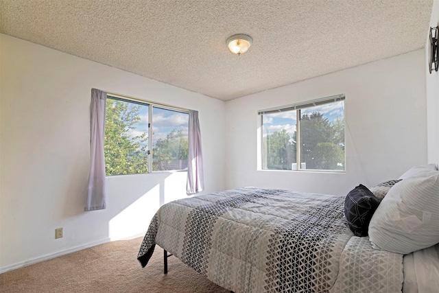 bedroom with multiple windows, baseboards, carpet floors, and a textured ceiling