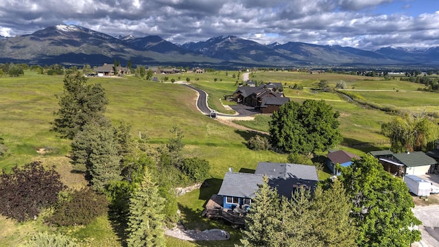 aerial view featuring a rural view and a mountain view