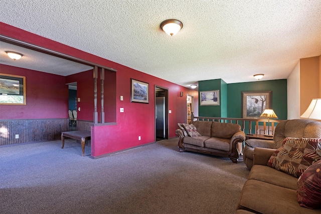 living area with a textured ceiling, wainscoting, and carpet flooring