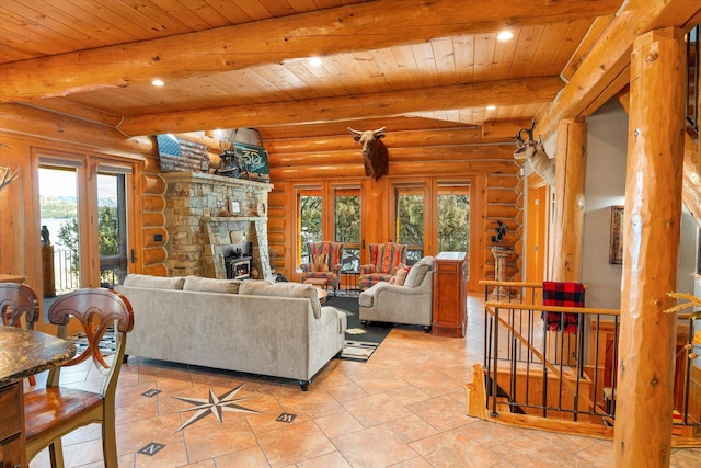 living area featuring recessed lighting, beamed ceiling, wood ceiling, and light tile patterned floors