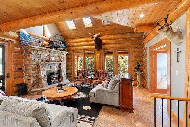 living area featuring beam ceiling, log walls, a skylight, and wood ceiling