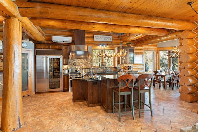 kitchen with wall chimney range hood, a chandelier, a center island with sink, wood ceiling, and premium appliances