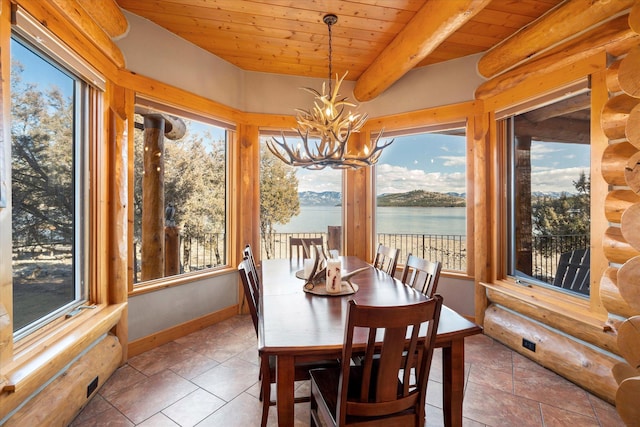 dining room with log walls, baseboards, a notable chandelier, and wooden ceiling