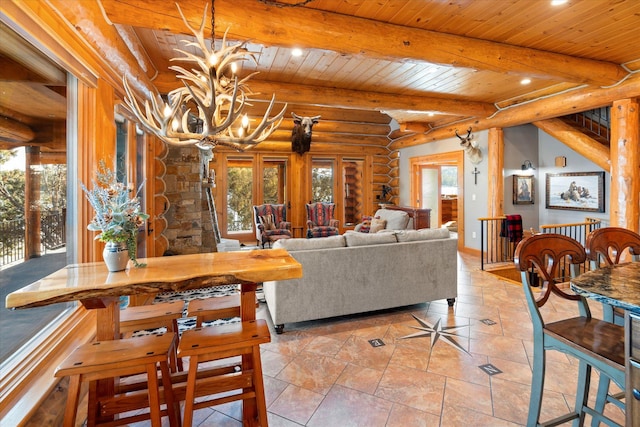 dining space featuring an inviting chandelier, beam ceiling, recessed lighting, wooden ceiling, and rustic walls