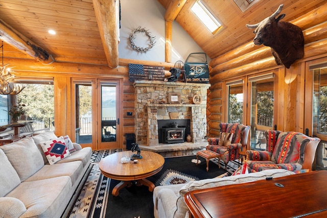 living room featuring beam ceiling, high vaulted ceiling, wooden ceiling, and a skylight