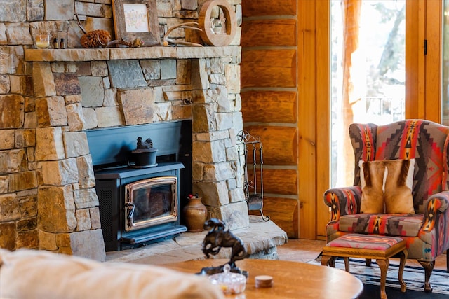 interior details featuring a wood stove