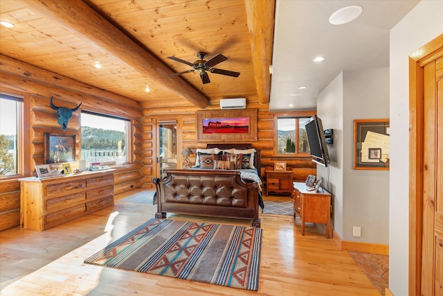 bedroom with beamed ceiling, recessed lighting, wooden ceiling, light wood finished floors, and baseboards