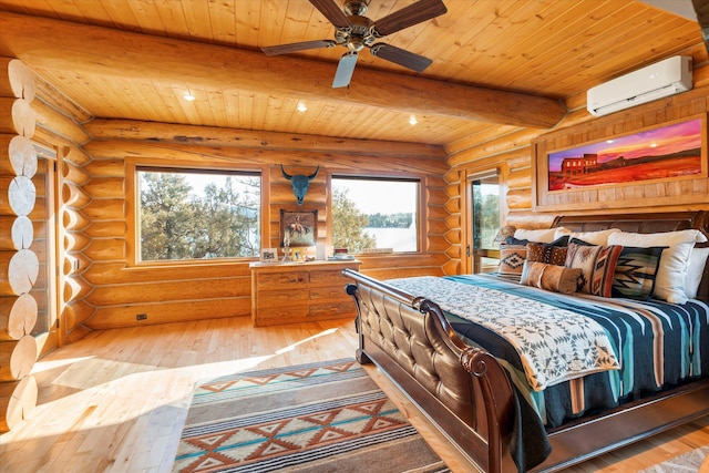 bedroom featuring beam ceiling, multiple windows, a wall mounted AC, and hardwood / wood-style floors