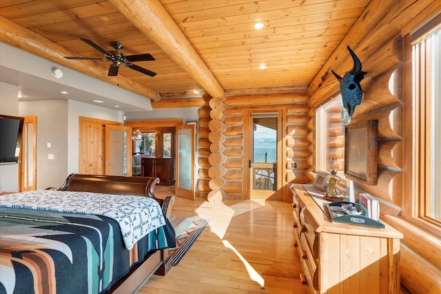 bedroom featuring recessed lighting, access to exterior, light wood-style floors, wooden ceiling, and beamed ceiling