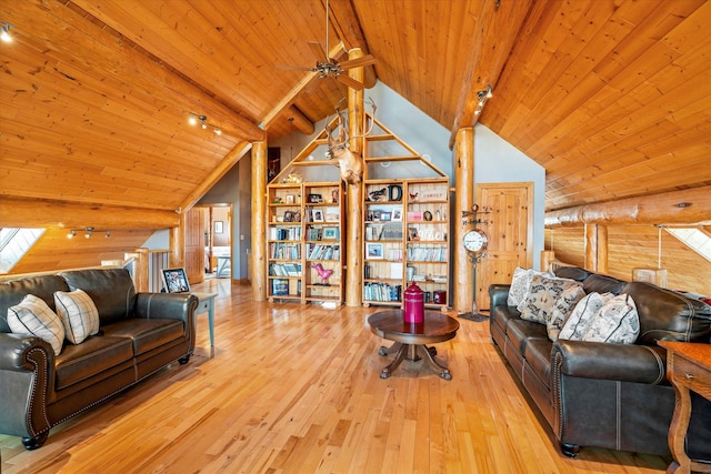 living area featuring beam ceiling, hardwood / wood-style floors, log walls, wood ceiling, and ceiling fan