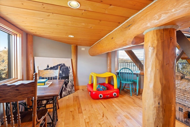 playroom with baseboards, wood-type flooring, lofted ceiling, and wood ceiling