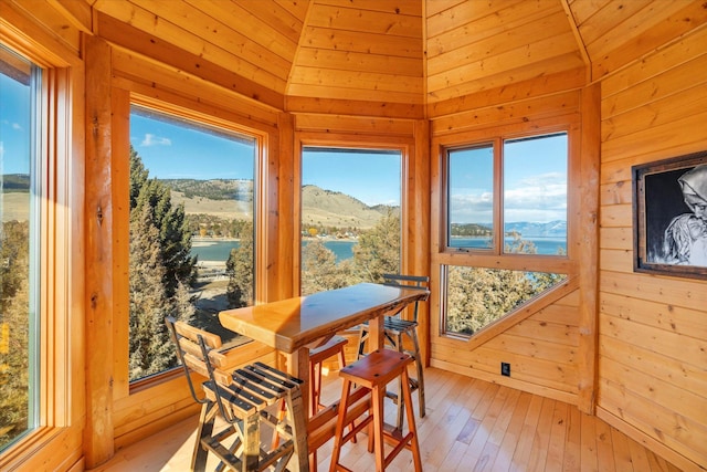 dining room featuring a mountain view, wood walls, and light wood finished floors