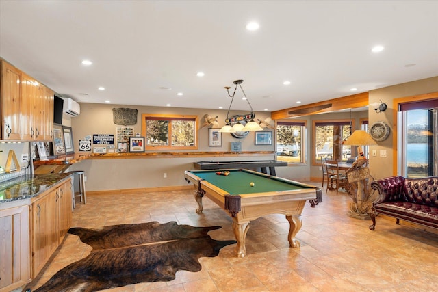 game room featuring recessed lighting, pool table, an AC wall unit, and baseboards