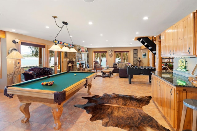 rec room with a stone fireplace, recessed lighting, and pool table