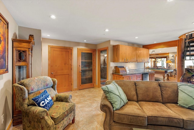 living area featuring billiards and recessed lighting