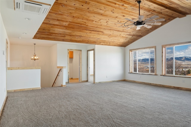 unfurnished room featuring visible vents, baseboards, lofted ceiling, light carpet, and wooden ceiling