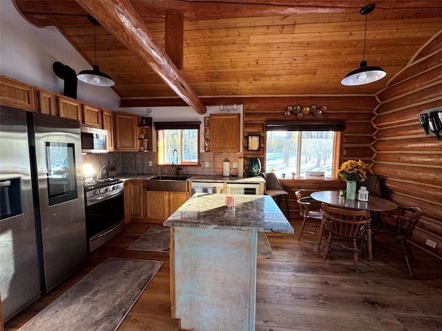 kitchen featuring wood ceiling, log walls, dark wood-style floors, stainless steel appliances, and a sink