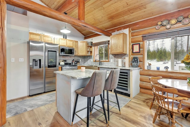 1081 Old Barn Rd, Seeley Lake, MT 59868 - kitchen with stainless steel appliances, wine cooler, wooden ceiling, open shelves, and tasteful backsplash