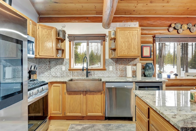 1081 Old Barn Rd, Seeley Lake, MT 59868 - kitchen featuring appliances with stainless steel finishes, open shelves, a wood ceiling with exposed beams, light brown cabinets, and backsplash