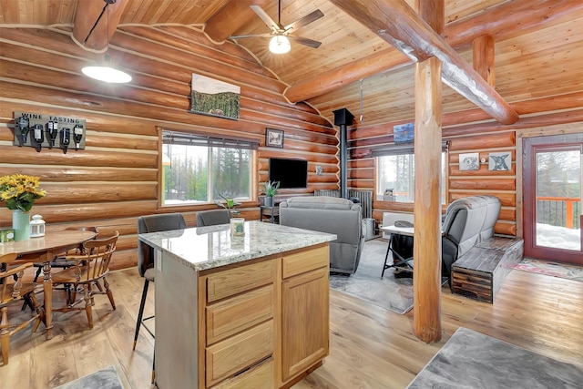 1081 Old Barn Rd, Seeley Lake, MT 59868 - kitchen with wooden ceiling, light wood finished floors, healthy amount of natural light, a ceiling fan, and open floor plan
